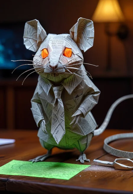 rat made of paper, rat with tie, close up, textured paper, on wooden table, fluorescent, glowing eyes, paper computer, doing taxes, fluorescent, fluorescent dust, fluorescent spraypaint, glowing dust