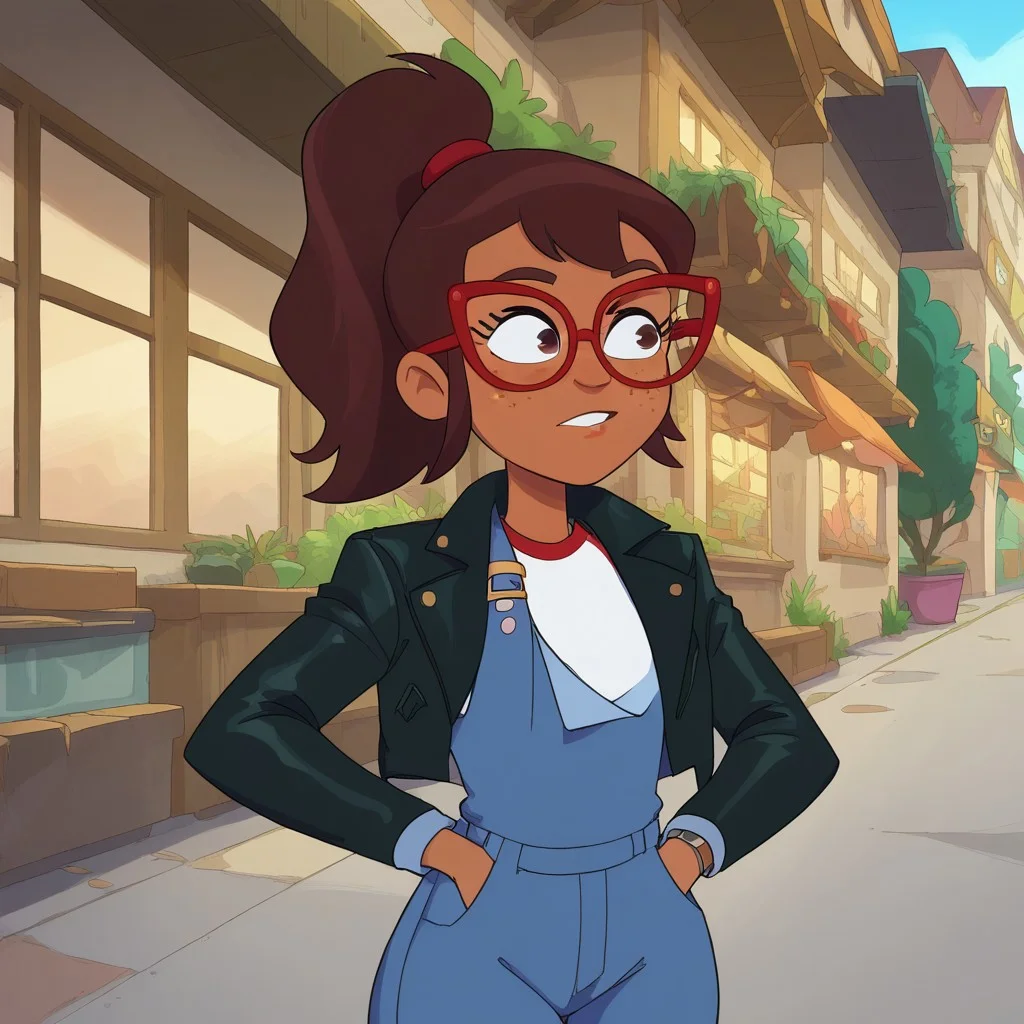 score_9, score_8_up, score_7_, Hailey, Dark-skinned female, Freckles, Brown Hair, Overalls,Shirt, red-framed eyewear, Glasses, wide hips, Leather Jacket, mad look, hand in pocket,