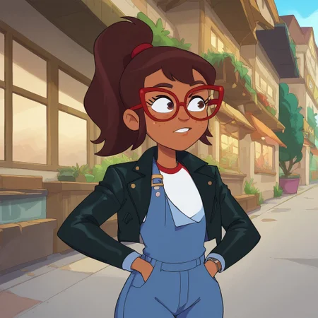 score_9, score_8_up, score_7_, Hailey, Dark-skinned female, Freckles, Brown Hair, Overalls,Shirt, red-framed eyewear, Glasses, wide hips, Leather Jacket, mad look, hand in pocket,