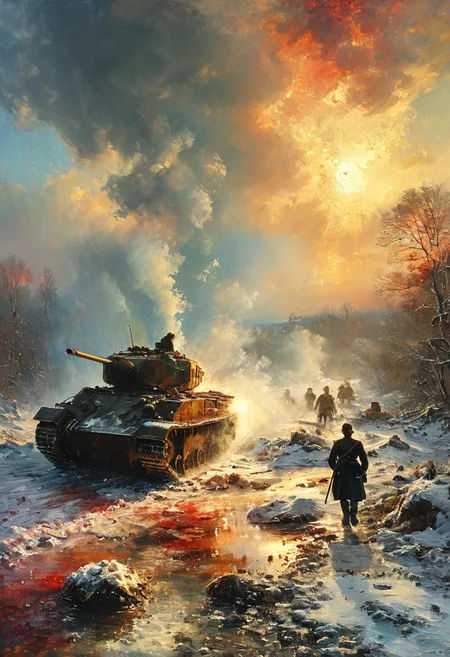 cinematic explosion napoleonic soldiers blowing away ,a ww1 tank stuck in a quagmire, battlefield, vibring color, explosion, ice and snow . Forest.  At sunset, vibring color,  monet,  oil painting, style of Andreas Achenbach