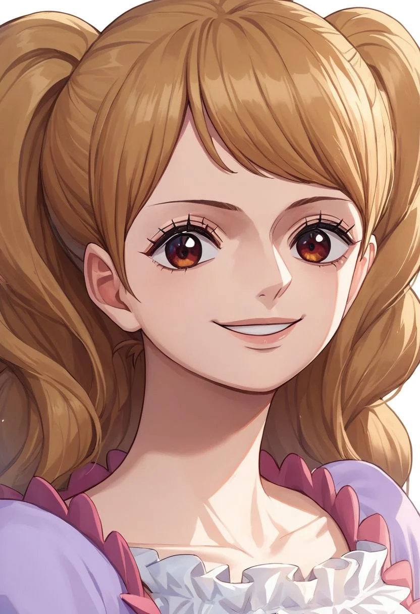score_9, score_8_up, score_7_up, source_anime, solo, 1girl, Charlotte Pudding, light brown hair, pigtails, lips, brown eyes, frilly light-purple top, puffy light-purple pants, shoes, Two eyes, smile, portrait, close up, halfbody, looking at viewer, standing, white background