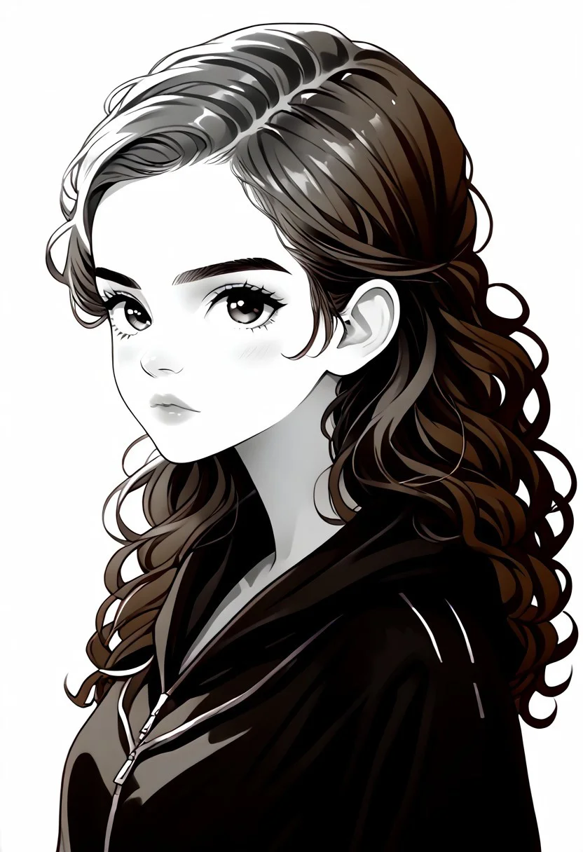 Hermione_Granger, a woman in a jacket and zip hoodie and pant, long hair, a witch, close-up portrait, black and white, b&w, cartoon style art, linear, pencil art, anime style, manga, hand sketch, full body portrait white background, plain background, high contrast, black and white coloring page, calligraphy line background, digital illustration, comic style, realistic line art drawing, coloring book page, no noise, crisp thick lines, outline art, centered image, isolated on a white background, black and white still, digital Art <lora:Hermione_Granger:0.4> <lora:XDetail_light:1>