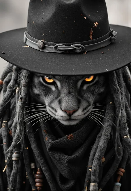 A highly detailed extreme close-up of a rugged, anthropomorphic outlaw cat with thick, wild dreadlocks as the focal point. Its fur is coarse and windswept, each strand meticulously detailed, while its piercing, narrowed feline eyes gleam with the sharp wit and deadly confidence of a seasoned gunslinger. The dreads hang loosely around its face, some adorned with weathered metal rings and glowing ember-like beads, hinting at countless dusty trails and lawless duels.
The cat wears a high-collared, tattered duster coat, the fabric worn and frayed by the desert wind, framing its face in deep shadows. The brim of a tilted, bullet-scarred hat just barely enters the frame, casting an air of mystery over its rugged features. A faint smirk reveals sharp teeth, the expression of a rogue who’s seen it all and fears nothing. The background is blurred, with hints of a sun-scorched Western town, flickering saloon lanterns, and dust swirling in the distance.
Nistyle, monochrome analog photo, extreme close-up, a weathered yet stylish outlaw cat with bold dreadlocks, hyper-detailed fur, glowing ember-like beads, and a presence that commands both respect and fear.