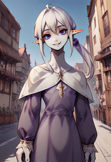 Lapanya, 1 person, solo,
advntr, smooth anime, pointy ears, androgynous body, ((fttimemage)), white hair, long hair, ponytail, pale skin, ((gaunt, sickly, unhealthy, sunken cheeks, cheekbones)), slate gray eyes, dark circles under eyes, purple robe, white capelet,
((Shaft head tilt, small smile)),
((slender fingers, 4 fingers)):1.4,
((Dutch angle, front view, close up)),
((Outdoors, cobnlestone street, medieval city)):1.4,
Clean lines, detailed background, detailed hands, highly detailed, high quality, ((semi-realistic)), best quality, rating: g
score: 9, score: 8 up