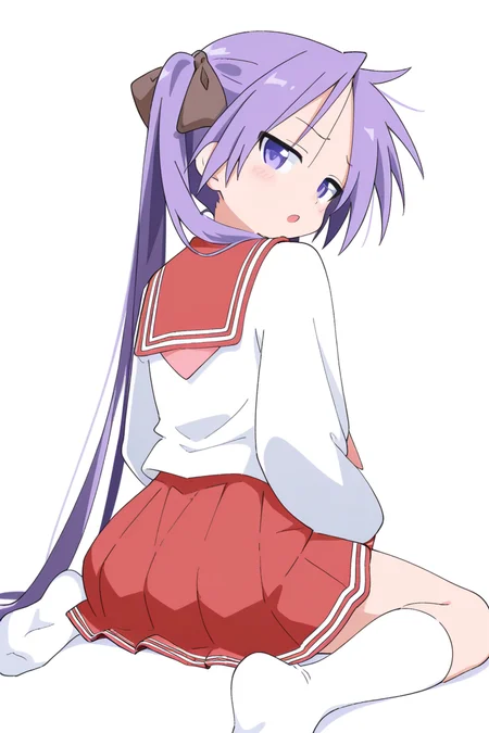 masterpiece, best quality, amazing quality,
<lora:Cynical_IL:1> cynical, 1girl, ryouou school uniform, solo, school uniform, skirt, long hair, twintails, serafuku, socks, purple hair, white socks, sailor collar, white background, red sailor collar, purple eyes, looking at viewer, red skirt, pleated skirt, sitting, no shoes, looking back, long sleeves, simple background, open mouth, wariza, kagami