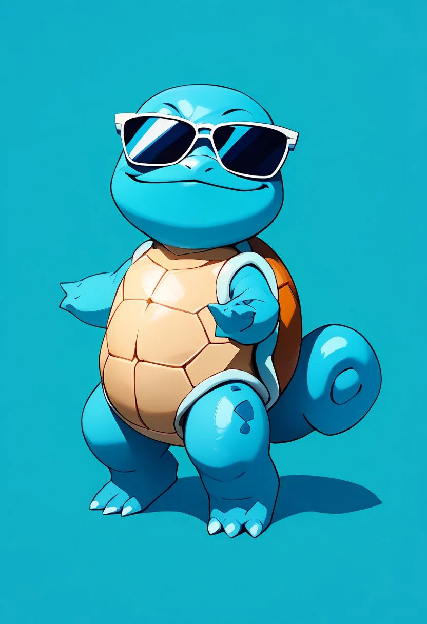 score_9, score_8_up, score_7_up,  vivid bright colors, 
zzSquirtle, sunglasses, smile, abstract background, full body, blue background, blue theme