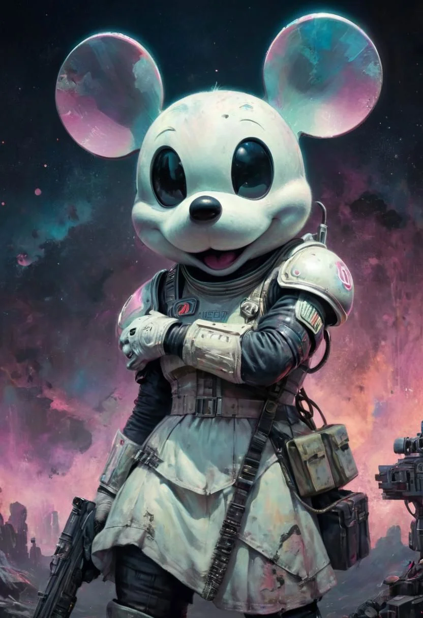 neon-pastel Text OBEY, Super Closeup Portrait, Profoundly dark neon dystopian Disneyland, glass, Stains, space grunge style, mickey Mouse wearing White used Cotton Dress armor, rifle, Sci-fi vibe, dirty, noisy, Vintage space Uniform, very detailed, hd,