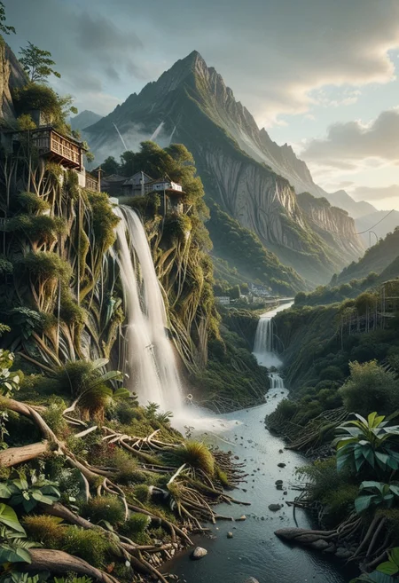 embedding:lazyup7, foliage-and-roots, landscape, river, valley, mountains, waterfall, clouds, skyscraper