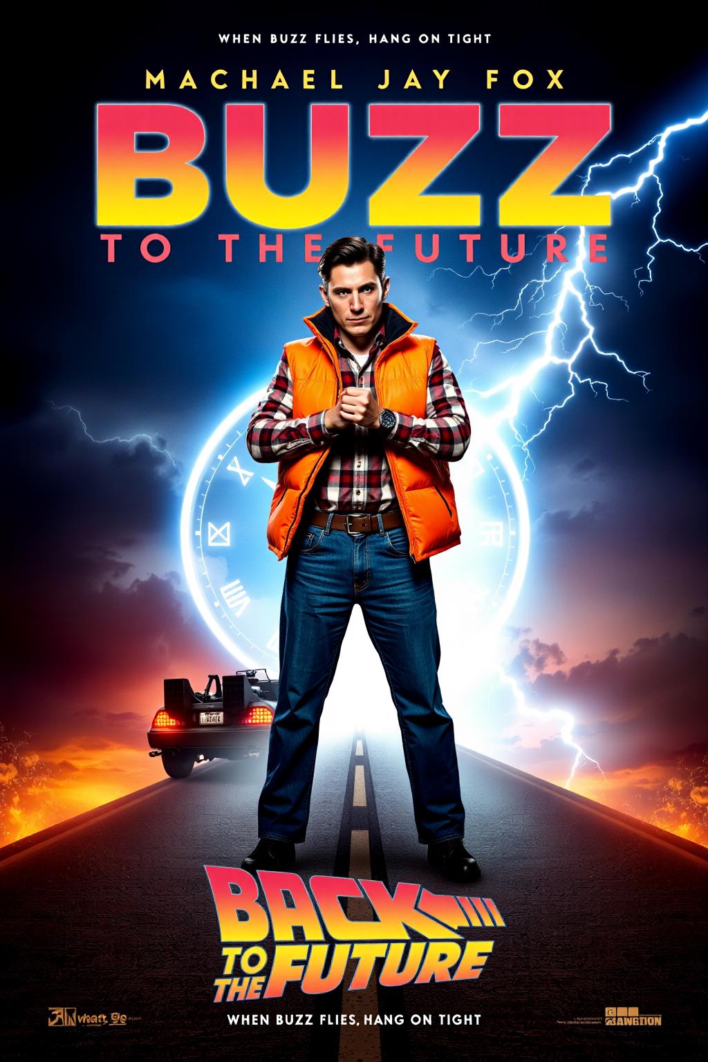 mvpstr. Epic Movie poster for "BUZZ to the Future," starring Machael Jay Fox. The main character stands confidently, mid-action, with jeans and an iconic orange sleeveless puffer jacket over a plaid shirt, adjusting a futuristic watch with an intense look. Behind him, a glowing hoverboard replaces the iconic DeLorean, casting a neon-blue light. The background features a dark, stormy sky with streaks of lightning and a large, retro-futuristic clock face. The tagline reads: "When buzz flies, hang on tight!" Neon colors, dramatic lighting, retro sci-fi movie poster style, cinematic composition. <lora:schnell_v1.0:1.0> <lora:EpicMoviePoster-000015:1.0><lora:784495782855335202:0>