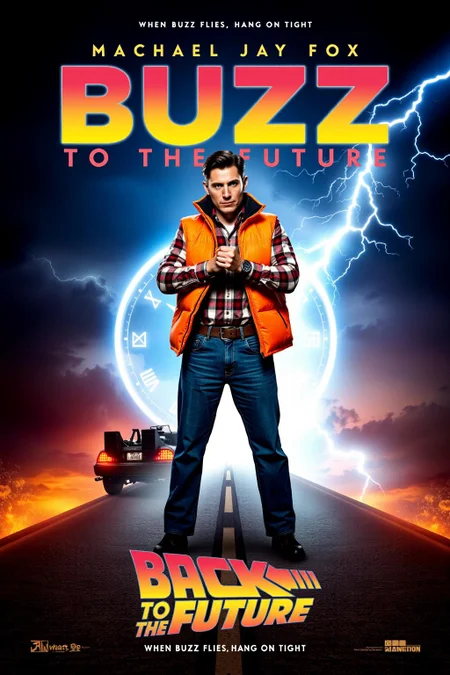 mvpstr. Epic Movie poster for "BUZZ to the Future," starring Machael Jay Fox. The main character stands confidently, mid-action, with jeans and an iconic orange sleeveless puffer jacket over a plaid shirt, adjusting a futuristic watch with an intense look. Behind him, a glowing hoverboard replaces the iconic DeLorean, casting a neon-blue light. The background features a dark, stormy sky with streaks of lightning and a large, retro-futuristic clock face. The tagline reads: "When buzz flies, hang on tight!" Neon colors, dramatic lighting, retro sci-fi movie poster style, cinematic composition. <lora:schnell_v1.0:1.0> <lora:EpicMoviePoster-000015:1.0><lora:784495782855335202:0>