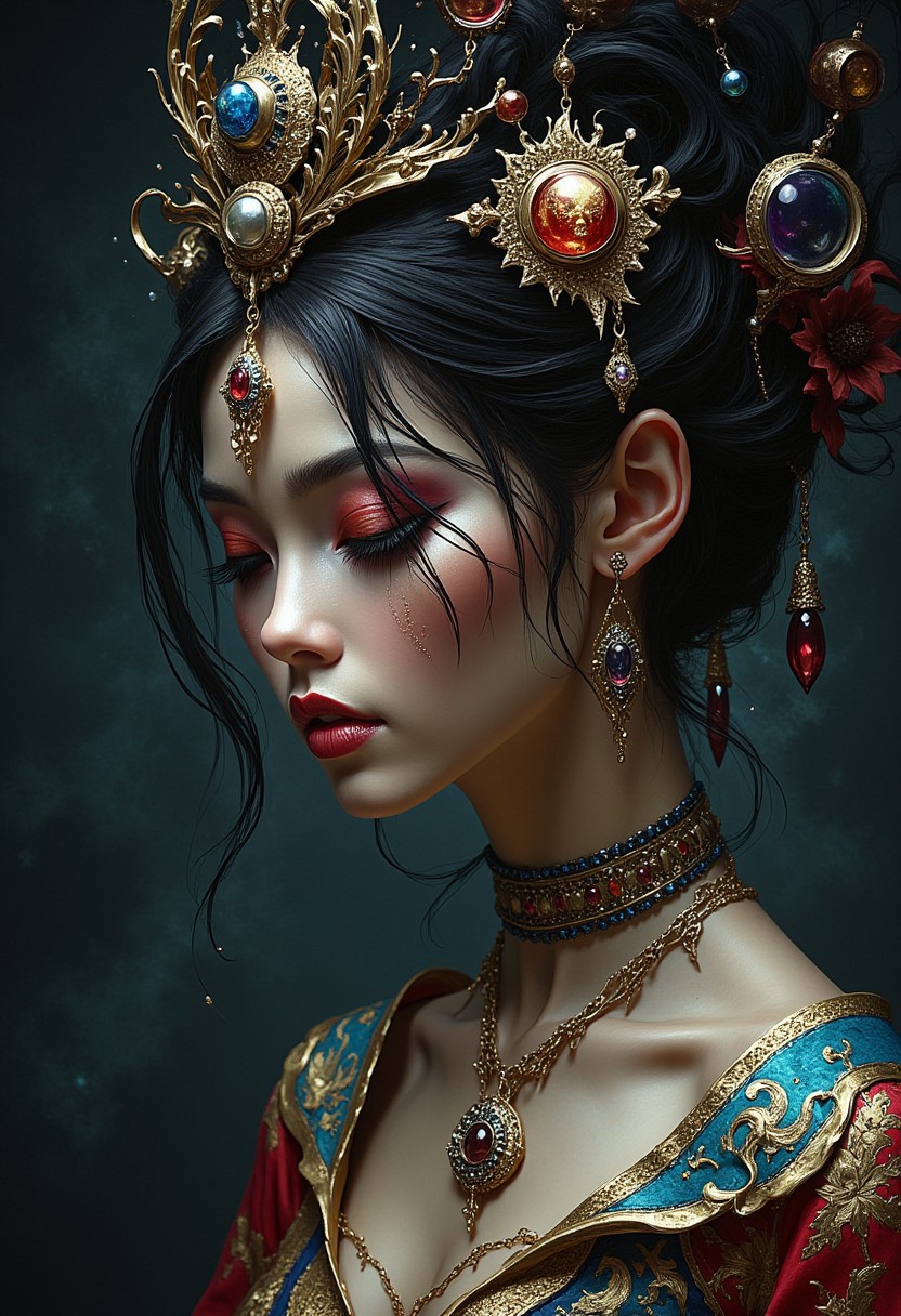masterpiece, high detail, ArsMJStyle, dnddarkestfantasy, masterpiece, stunning oriental princess ,closeup side portrait, tiara, earrings, make-up, necklaces, ethereal beauty, breathtaking, abstract, fractal art. highest definition, HD32K, wallpaper, hyperdetailed, concept art