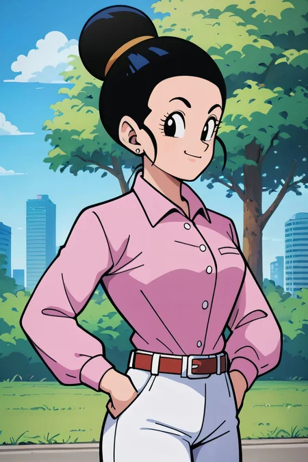 zPDXL3, <lora:CitronAnimeTreasure:.8>, <lora:chichi_pony_v3e20:.6>
chi-chi, end of buu, black hair, eyelashes, hair bun, black eyes, single hair bun, earrings, collared shirt, long sleeves, pink shirt, belt, white pants, looking at viewer, smiling, standing, outside, park, trees, blue sky, city,