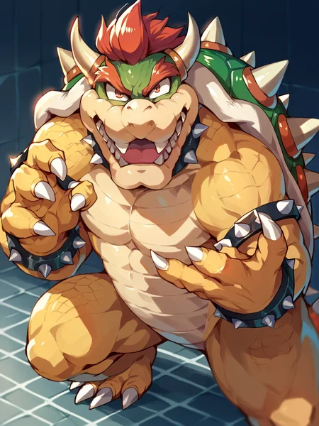 score_9, score_8_up, score_7_up, score_6_up, score_5_up, <lora:bowserXLP:1> bowser, spikes, 1boy, horns, solo, red hair, spiked shell, muscular, claws, fangs