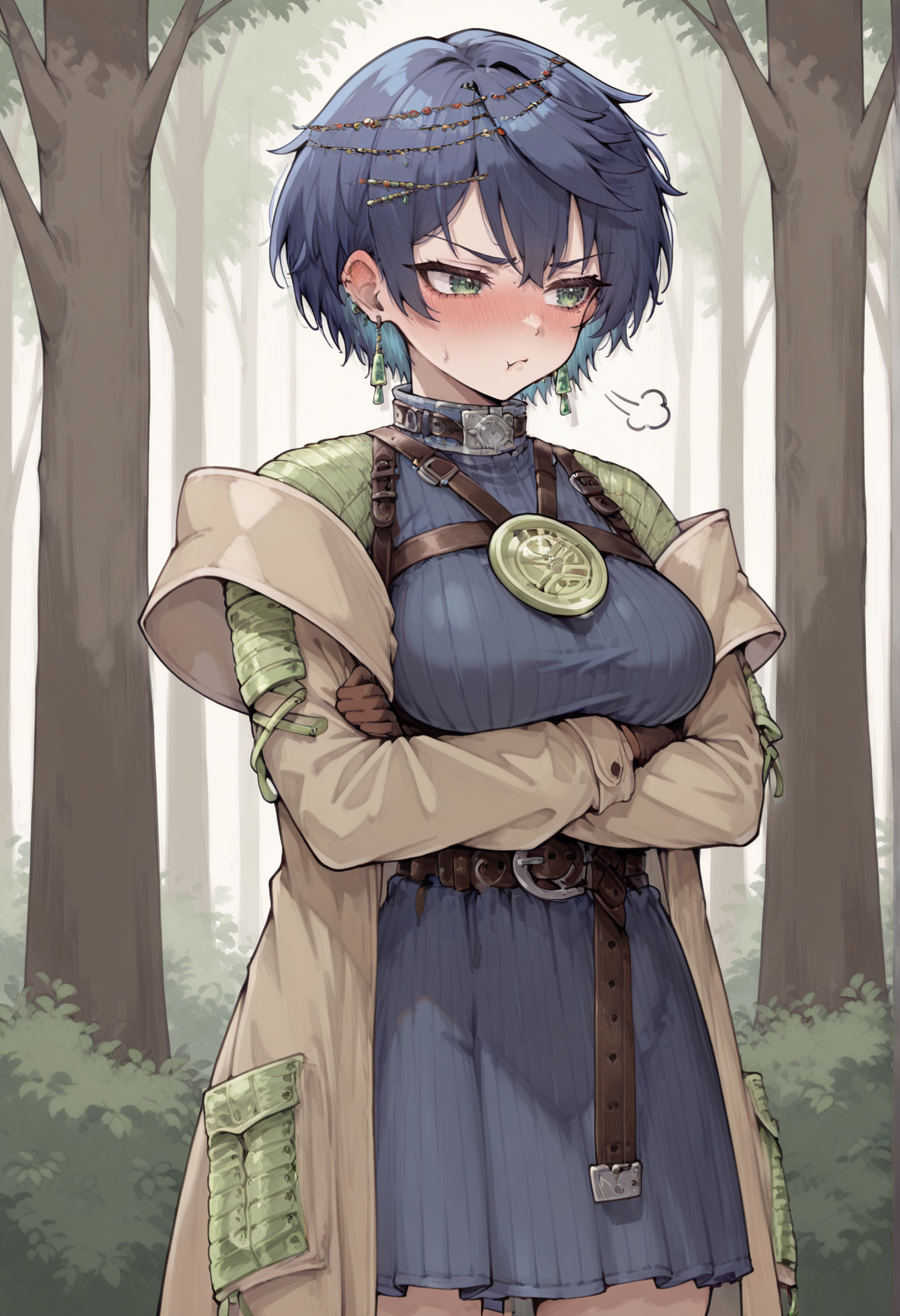 1girl, short hair, blue hair, hair ornament, earrings, jewelry, green eyes, high collar, medallion, harness, belt, blue dress, brown coat, skirt, crossed arms, outdoors, tsundere, blushing, loooking to the side, pouty lips, outdoors, forest <lora:Layna_Illus_tutorial:1>, masterpiece, best quality, amazing quality, very aesthetic, absurdres, highres, newest