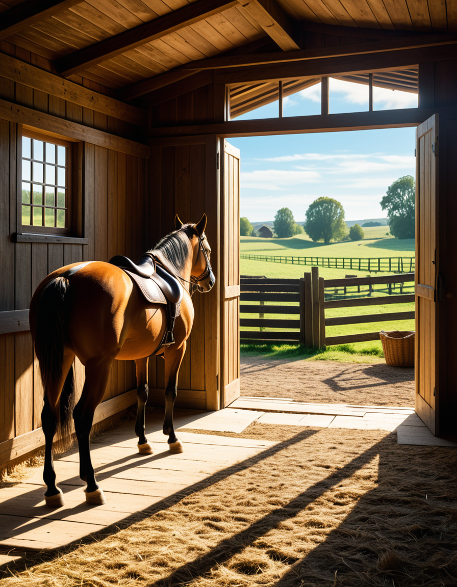 A rustic horse stable in the countryside, built with aged wooden beams and stone foundations, bathed in warm golden sunlight. The stable doors are slightly open, revealing the soft hay-covered floor inside. Horses stand calmly in their stalls, their glossy coats catching the light. Dust particles float in the air, illuminated by the sunbeams filtering through the gaps in the wooden planks. The atmosphere is serene, with a vintage, timeless feel. Weathered saddles and bridles hang neatly on the stable walls, and an old wooden cart sits nearby. The background features rolling green fields and a clear blue sky, creating a peaceful rural setting. Ultra-detailed, photorealistic, warm tones, cinematic lighting, sharp textures.
<lora:SDXLFaeTastic2400:0.4> <lora:extremely_detailed:0.4> extremely detailed,<lora:rustic_horse_st4bl3:1>,rustic horse st4bl3, Masterpiece,best quality,hi res,8k,hi res,8k,award winning,(sharp focus, intricate, highly detailed),