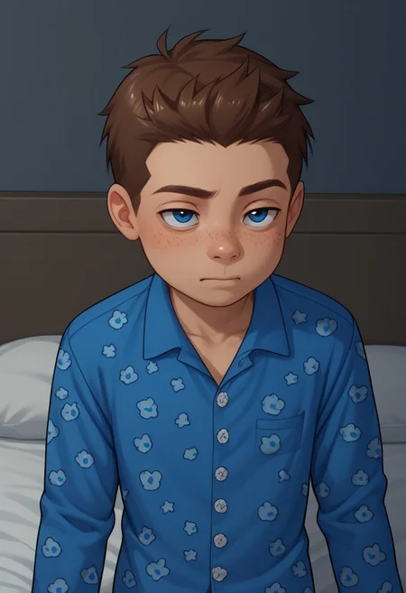 score_9, score_8_up, score_7_up, highly detailed, cute boy, 1boy, solo, young, Jack Power, Blue Eyes, Brown Hair, Freckles, sleepy, bags under eyes, Blue Pajamas, night, in bedroom