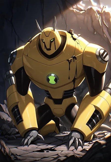 masterpiece, best quality, amazing quality, very aesthetic, absurdres, newest,, detailed background, 
armadrillo, robot, claws, yellow armor, grey tail, antennae, green eyes,  massive arms, yellow helmet, mecha
sad, beneath rubble, body hidden under rocks, underneath rubble, leaking black oil, broken armor, cracks, ears down, sad animal ears, expressive ears, ears down, cracks, black oil, dripping,