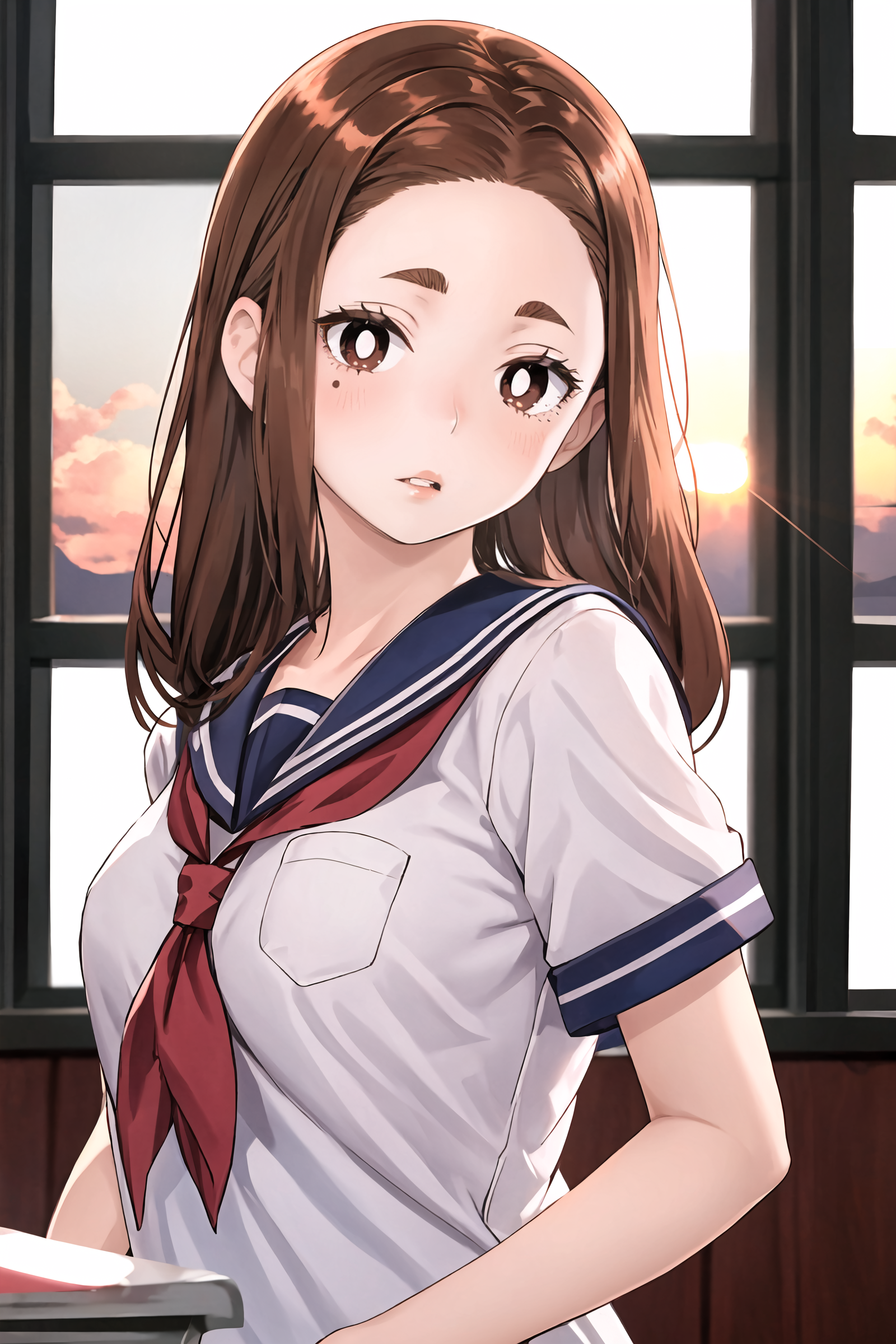 1girl, ogawa sumireko,  solo, white pupils, long hair, asymmetrical bangs, aged down, medium breasts, serafuku, hand in own hair, looking at viewer, parted lips, classroom, backlighting, sunset, window, cowboy shot, floating hair