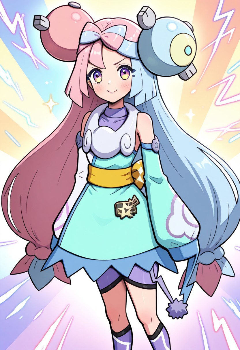 hinosaki, [[pokemoa, gonzarez]], 2d, masterpiece, best quality, amazing quality, 1girl, solo, close-up, standing, smile, upper body, leaning_forward, looking at viewer, multicolored background, sparkle, rainbow background, colorful background, electricity, sparks, sygiono, ex colors, purple hair, blue hair, purple eyes, bow-shaped hair, low-tied long hair, character hair ornament, purple shirt, sleeveless dress, two-tone dress, [white dress], (aqua dress), detached sleeves, aqua sleeves, white sleeves, white collar, bare shoulders, sleeves past fingers, oversized clothes, yellow sash, purple shorts, toeless legwear, purple legwear, kneehighs, sandals, purple footwear
