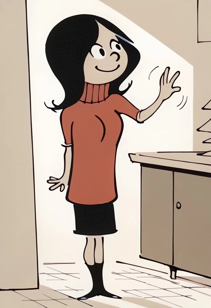score_9, score_8_up, score_7_up BREAK Calcetinera, 1girl, black hair, black eyes, red turtleneck sweater, black skirt, black socks, flat white shoes, suggestive pose, cartoon, source_cartoon, solo, solo focus, smiling,