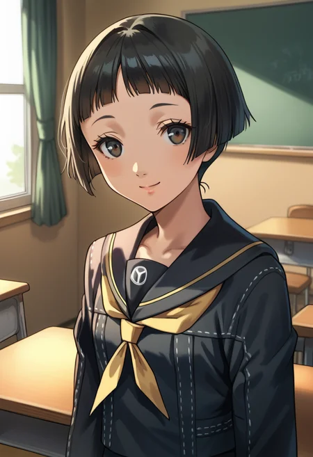 score_9, score_8_up, score_7_up, (source_anime), 1 girl, solo, cute face,
p4ayane, short hair, blunt bangs, black hair, yasogami school uniform, school uniform, serafuku, skirt, houndstooth
looking at you, smile,
classroom,
masterpiece, best quality, ultra detailed, absurdres, very aesthetic