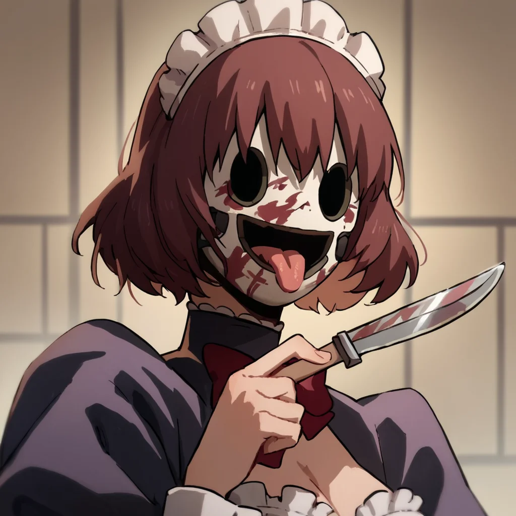 score_9, score_8_up, score_7_up, score_6_up, score_5_up, score_4_up, source_anime, Servant2, maid, mask, horror theme, knife, holding knife, portrait, licking knife