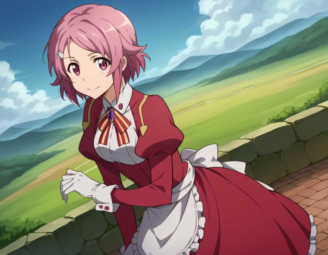 score_9, score_8_up, score_7_up, source_anime,
rikashinozaki, <lora:rika-shinozaki-s1-ponyxl-lora-nochekaiser:1>,
rika shinozaki, short hair, hair ornament, pink hair, hairclip, pink eyes, freckles, parted bangs,
long sleeves, ribbon, neck ribbon, puffy sleeves, juliet sleeves, collar, gemstone, gloves, dress, red dress, frills, apron,
outdoors, landscape, smile, bent over,
looking at viewer, cowboy shot, solo, dutch angle,