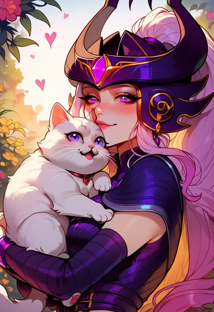 score_9, score_8_up, score_7_up, score_6_up, <lora:p3tl0v3XLP:1> p3tl0v3, 1girl, Syndra, hugging a white cat, little kitten, purple eyes