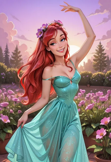 DisneyAriel, 1girl, red hair, blue eyes, long hair, solo, POH-Illu, flowers, hair flowers, hair ornament,
fae, fairy, playful, sexy, teasing, dancing, in a garden, sunshine, puffy clouds, hazy sunshine,
slender,
intricate sundress, festival dress,
slender hips, tiny waist,
strap slip, cleavage, small breasts,
masterpiece, best quality, newest, absurdres, highres, very awa