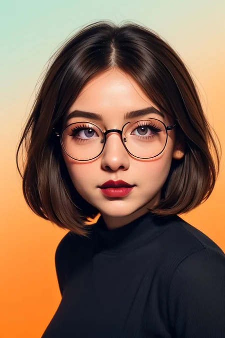 Meg Griffin, plump lips, aquiline nose, shortstack, brown hair, glasses, Minimalist illustration, muse of the arts, dancing linework, resonating with a secret tune, orange blue gradient background, highly detailed, deep darks, high contrast, masterpiece, 8k, French vibe