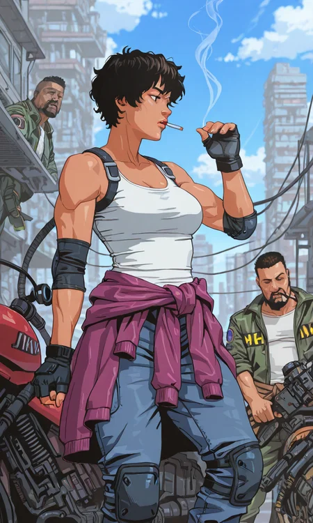 ksestyle, strong line art, dramatic shading, 1girl, breasts, short hair, brown hair, black hair, gloves, holding, jacket, weapon, outdoors, multiple boys, sky, black gloves, day, cloud, dark skin, 2boys, fingerless gloves, gun, facial hair, dark-skinned male, tank top, 3boys, building, beard, science fiction, smoke, cigarette, city, mustache, smoking, cable, knee pads, clothes around waist, white tank top, motorcycle, jumpsuit, prosthesis, elbow pads, jacket around waist, cyberpunk, mechanic, medium breasts, pants, blue sky, cup, sleeves rolled up, green jacket, aircraft, masterpiece, best quality, high detail