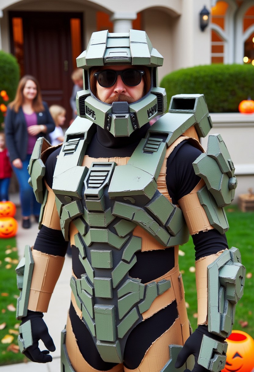 The image is a photograph of an adult man dressed in a homemade Master Chief costume, standing in front of a suburban house during what appears to be Halloween. The person is wearing a cardboard armor suit resembling the character Master Chief from the Halo video game series. The armor is made from cardboard and is covered in various shades of brown and green paper, giving it a rough, textured appearance. The helmet, which is the most prominent part of the costume, shows the wearer to be wearing sunglasses. The armor's chest plate, shoulder pads, and gauntlets are also constructed from cardboard, mimicking the game character's design with angular, geometric shapes and various panels.