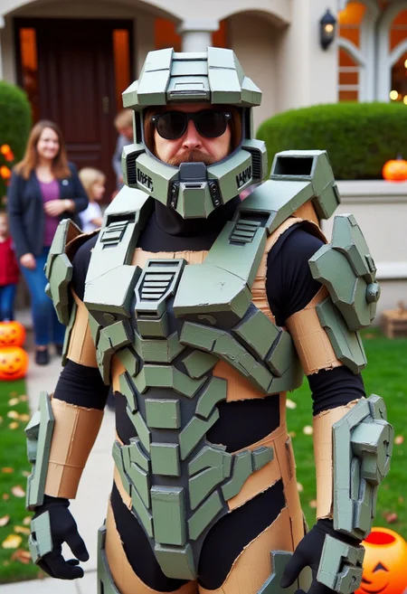 The image is a photograph of an adult man dressed in a homemade Master Chief costume, standing in front of a suburban house during what appears to be Halloween. The person is wearing a cardboard armor suit resembling the character Master Chief from the Halo video game series. The armor is made from cardboard and is covered in various shades of brown and green paper, giving it a rough, textured appearance. The helmet, which is the most prominent part of the costume, shows the wearer to be wearing sunglasses. The armor's chest plate, shoulder pads, and gauntlets are also constructed from cardboard, mimicking the game character's design with angular, geometric shapes and various panels.