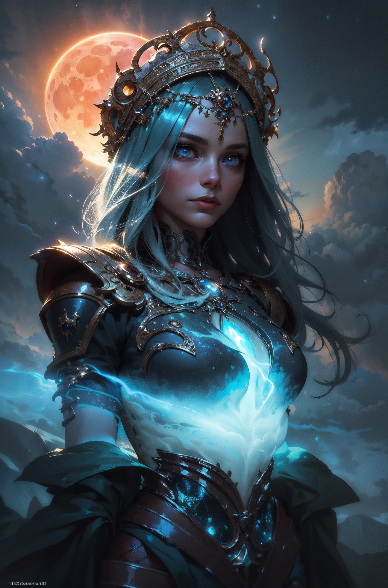 (in Marc Simonetti style:1.4), (masterpiece:1.2), (A female sentient cloud with a constantly shifting form, adorned in a swirling ensemble of vapor and lightning, a composition inspired by atmospheric phenomena and meteorological patterns, wearing unique Avant-garde masterpiece attire and headdress:1.1), (illuminated by the ethereal glow of the moon and stars, set against the backdrop of a vast open sky filled with swirling clouds and distant thunderstorms:1.1), (hyperdetailed:1.1), (intricate details:1.0), (Refined details:1.1), (best quality:1.1), (very stylish detailed modern haircut, mesmerizing detailed radiant face, mesmerizing detailed beautiful eyes:1.2)