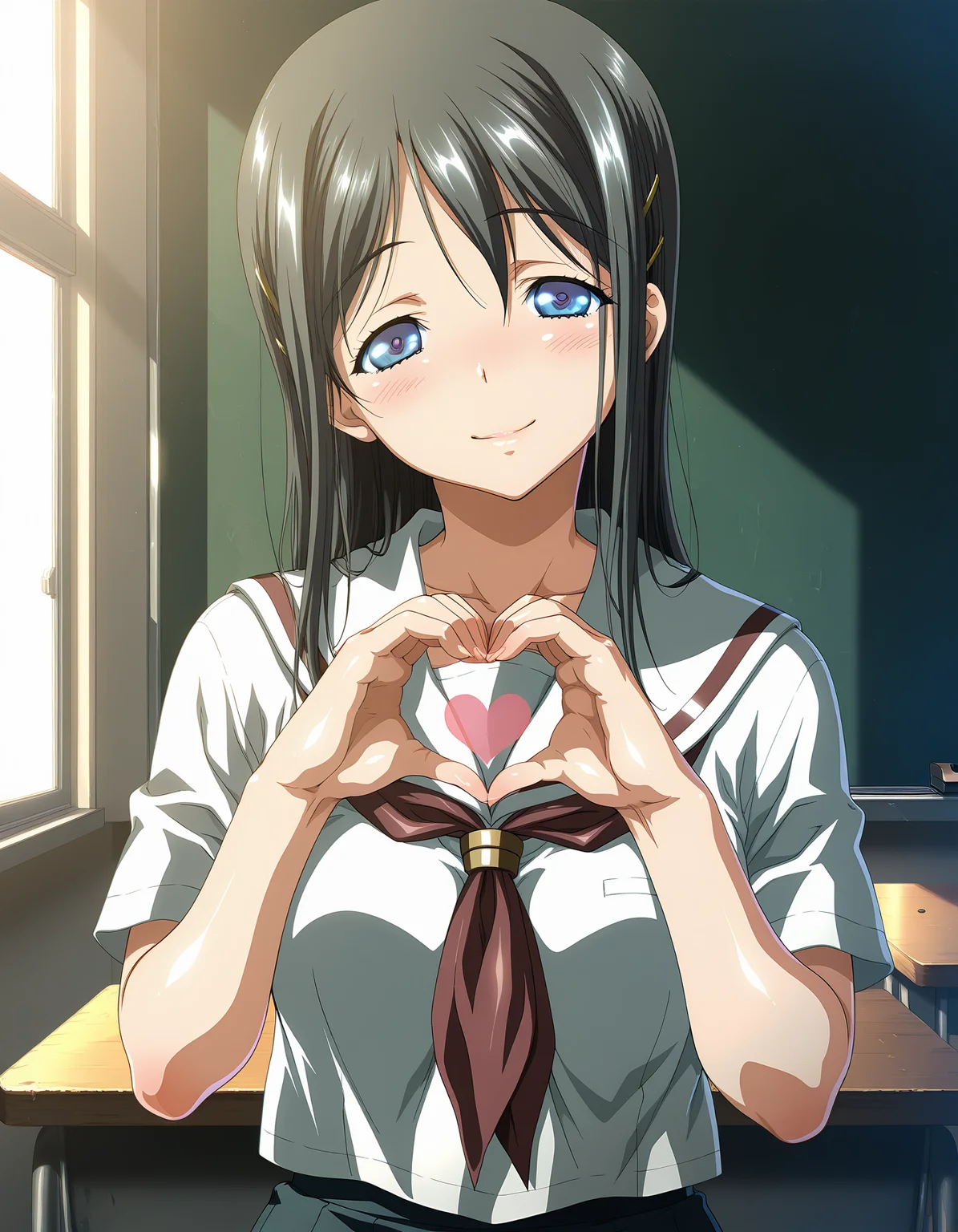 masterpiece, best quality, amazing quality, official art, ultra highres, intricate,
1girl, solo, kamimura_haruka, long hair, black hair, blue eyes
school uniform BREAK
lovestruck, head tilt, happy, looking at viewer,
standing, heart hands,
in classroom, sharp focus, depth of field, highly detailed, best hands
<lora:kamimura haruka v1.0-000011:1>