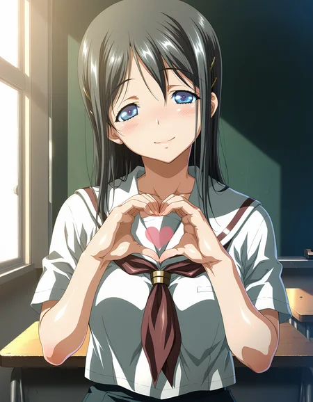 masterpiece, best quality, amazing quality, official art, ultra highres, intricate,
1girl, solo, kamimura_haruka, long hair, black hair, blue eyes
school uniform BREAK
lovestruck, head tilt, happy, looking at viewer,
standing, heart hands,
in classroom, sharp focus, depth of field, highly detailed, best hands
<lora:kamimura haruka v1.0-000011:1>