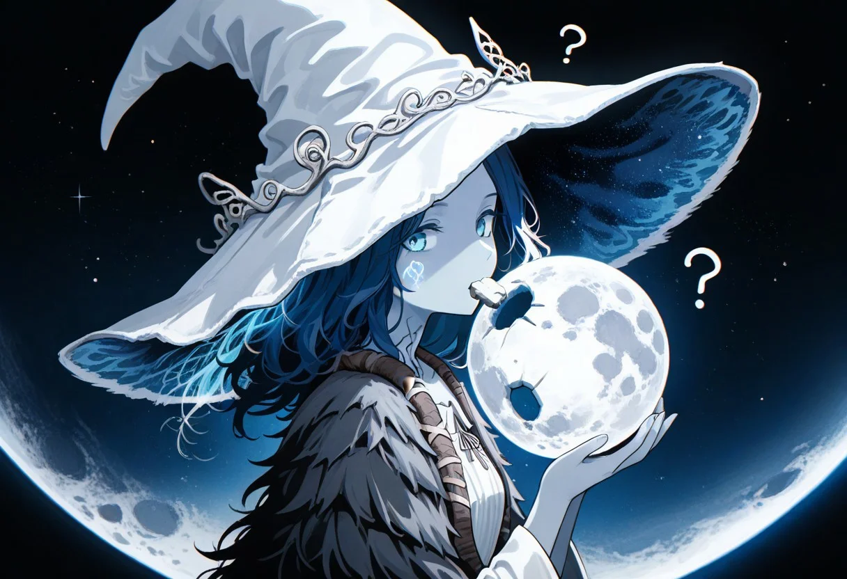 1girl, ranni_the_witch, witch hat, pale skin, from side, high contrast, blending, star, space, question mark popping off, chromatic aberration, holding broken moon, innocent, masterpiece,best quality, very aesthetic, absurdres, ((moon broken)), eating moon, moon piece in mouth, looking at viewer, ehe face