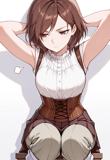 masterpiece,high quality details, absurdres,
<lora:Hiro_Kurusu_V2:0.8>
hiro_cnr, 1girl, brown hair, short hair, brown eyes,, simple background, white background, front view,solo,, sigh,serious,, joyful expression,leaning against wall,arms folded behind head,, vest,corset top ,pleated pants, ,loose socks,
