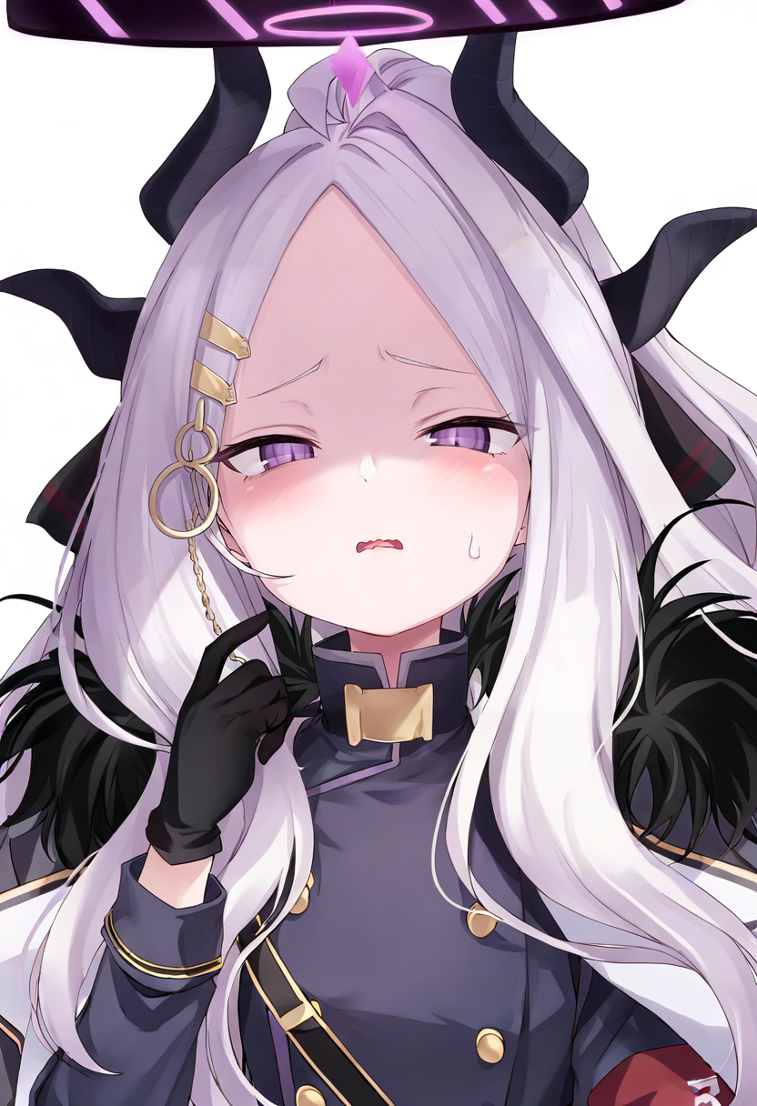 1girl,hina \(blue archive\),blue archive,black coat,black horns,black jacket,blush,coat,demon horns,fur-trimmed coat,fur trim,grey hair,halo,horns,jacket,long hair,looking at viewer,multiple horns,open mouth,portrait,purple eyes,solo,demon girl,military uniform,parted lips,gloves,black gloves,armband,white background,coat dress,parted bangs,half-closed eyes,jacket on shoulders,military,uniform,sidelocks,shaded face,ponytail,simple background,embarrassed,long sleeves,hair ornament,wavy mouth,ahoge,sweatdrop,hand up,coat on shoulders,hairclip,forehead,military jacket,furrowed brow <lora:kedamaMilkXL_NBVP1_lokr_V6311PZ:0.95>