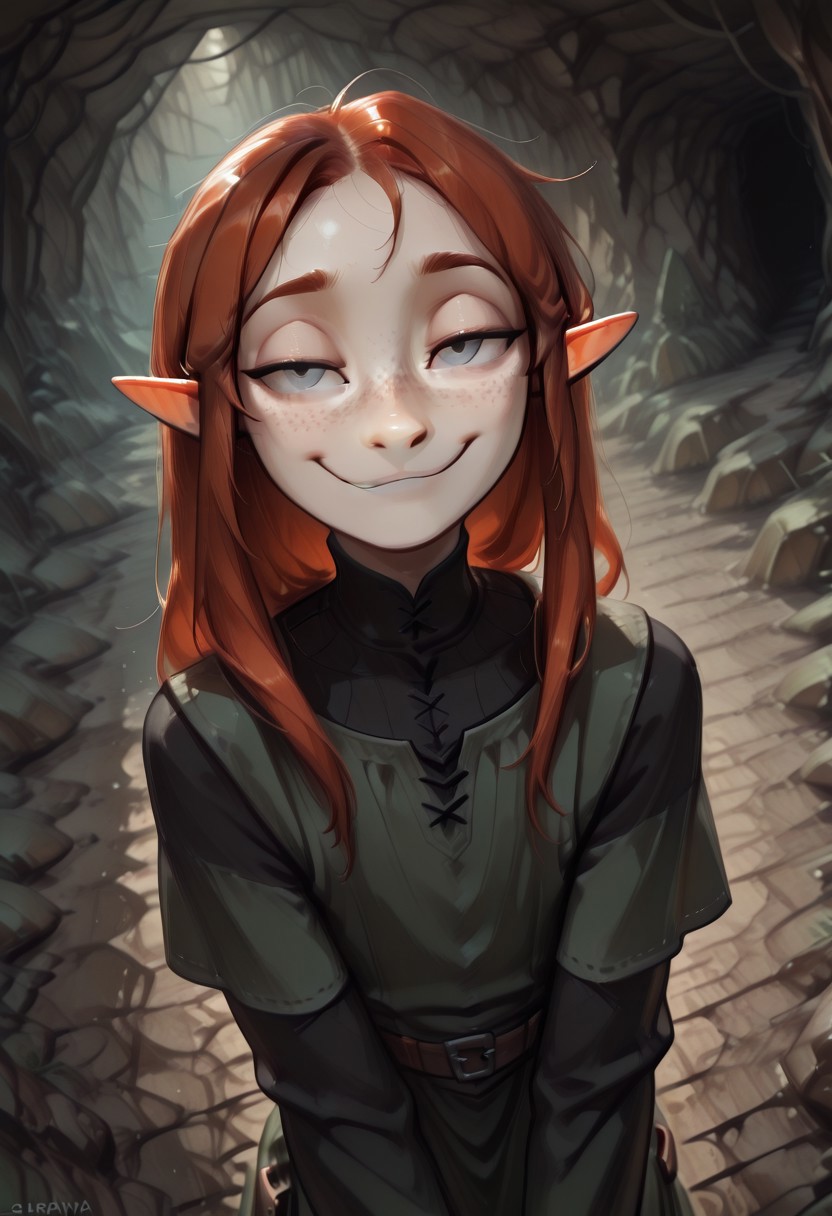 1person, solo, Lapanya, Malgha, freckles, pointy ears, Long-sleeve black shirt, green tunic, high angle, amused expression, smug smile,
Underground, organic cavern,
Masterpiece, high quality, highly detailed, perfect eyes, detailed freckles,