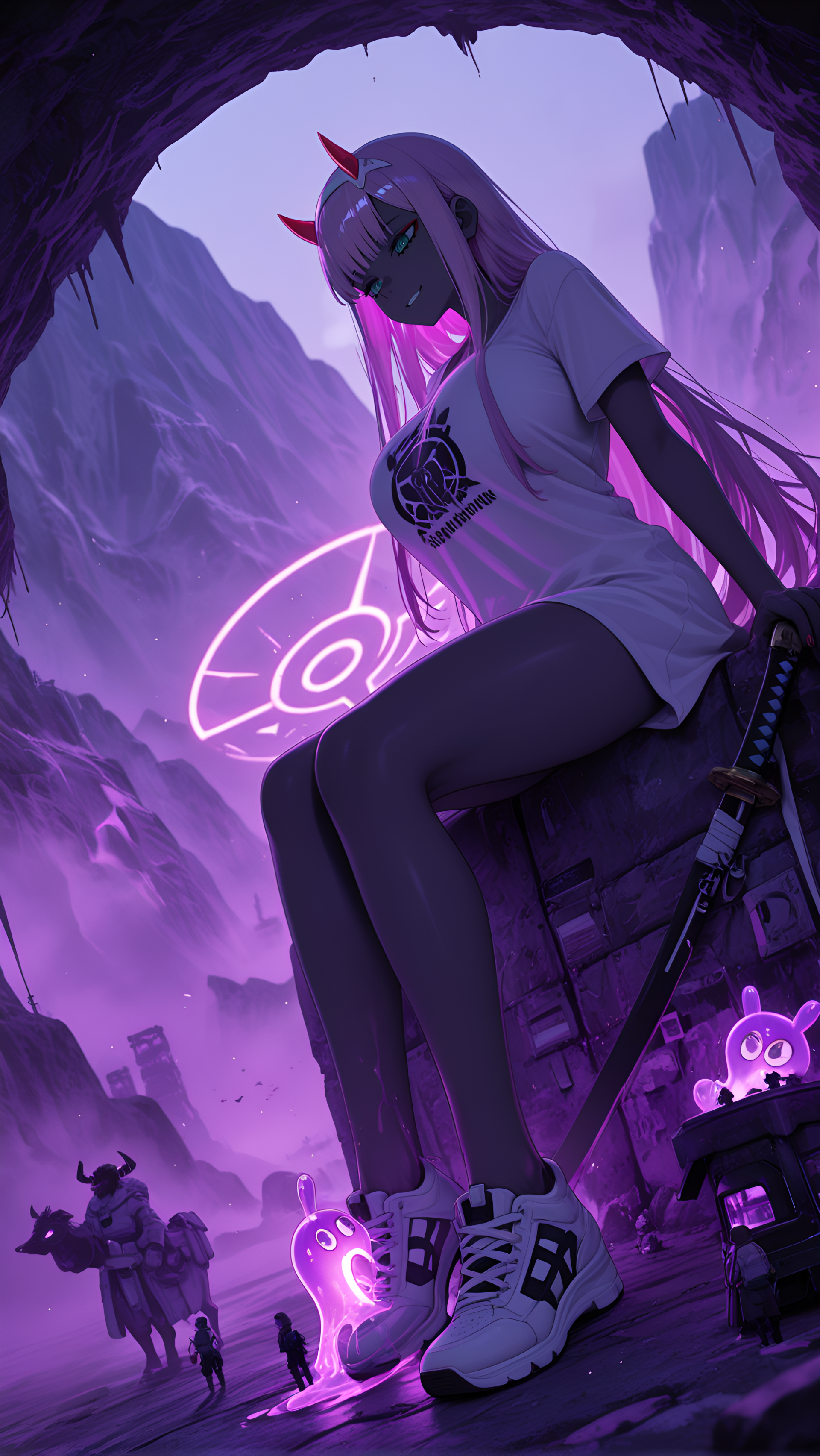 masterpiece, very long hair, Split-color hair, mountain pass trading post, long_nails, Zero Two (Darling in the Franxx), economic connection maintenance, geographical challenge navigation, cultural exchange opportunities, large build, motion_blur:1.1, multi colored hair, drawing a gleaming katana from its sheath, isolated community survivalism, dark skin, T-shirt dress with a graphic print and sneakers, miniature world, group, best quality, 1girl, absurdres, Zoom Blur, RTX, huge breasts, ultra-detailed, depth of field, heels, 8K, weather shelter provisions, Dwarven Anvil, very aesthetic, fox_ears, hands positioned to massage foot, fog, newest, absolutely eye-catching, polarized, Ultra Violet Theme, motion_lines:1.1, danger warning intelligence, traveler supply necessities, glow, anime character, amazing quality, slime_(creature), nail_polish, dutch angle, Morning, ambient occlusion, Gentle foot massage pose - Sitting with one foot resting on opposite thigh, no bra., elevation adaptation designs