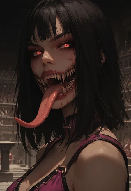 score_9, score_8_up, score_7_up, 
Mileena, long tongue, 
Looking at viewer, bloody mouth, upper body, side view, coliseum,