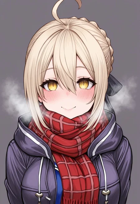 H1r0n3,crosshatching, hatching \(texture\), linear hatching, traditional media,masterpiece, best quality, amazing quality, intricate details, looking at viewer, mature female, plump,
1girl, solo, artoria pendragon \(fate\), mysterious heroine x alter \(fate\), hair between eyes, blonde hair, looking at viewer, mysterious heroine x alter \(first ascension\) \(fate\), ahoge, scarf, smile, upper body, braid, plaid scarf, blush, bangs, plaid, closed mouth, red scarf, yellow eyes, grey background, sidelocks, hair ribbon, jacket, sleeves past wrists, breath, open clothes, coat