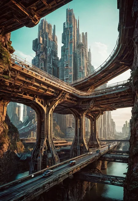 Visualize a futuristic bridge, symbolizing online community in the style of incorporate elements that evoke a sense of magic, building with a large spaceship complex, elegant, expansive, fantastical, film photography style, heavy grain