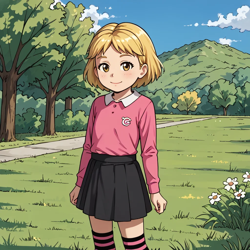 outside, <lora:EmilyElizabethHoward_Clifford_PXL_Leaf1:1> emilyelizabeth, 1girl, solo, female child, , short hair, blonde hair, shirt, skirt, striped socks