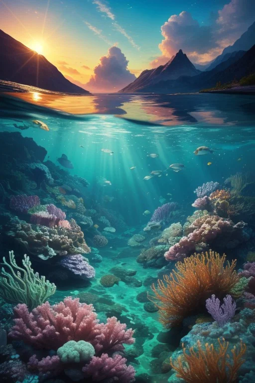 (ultra high res:1.4), (masterpiece), (beautiful lighting:1.4) , ((scenery)), raw movie poster, (masterpiece, best quality:1.5), masterpiece, best quality, high quality,extremely detailed CG unity 8k wallpaper, (ultra high res:1.4), (masterpiece), (beautiful lighting:1.4) , burning lush green forest, Mountains, Bright sunlight illuminates the crystal-clear water, (deep underwater), anime, half above water and half below water, (clear underwater), beautiful sky with clouds and smoke, embers landing on the water, fish, depth
