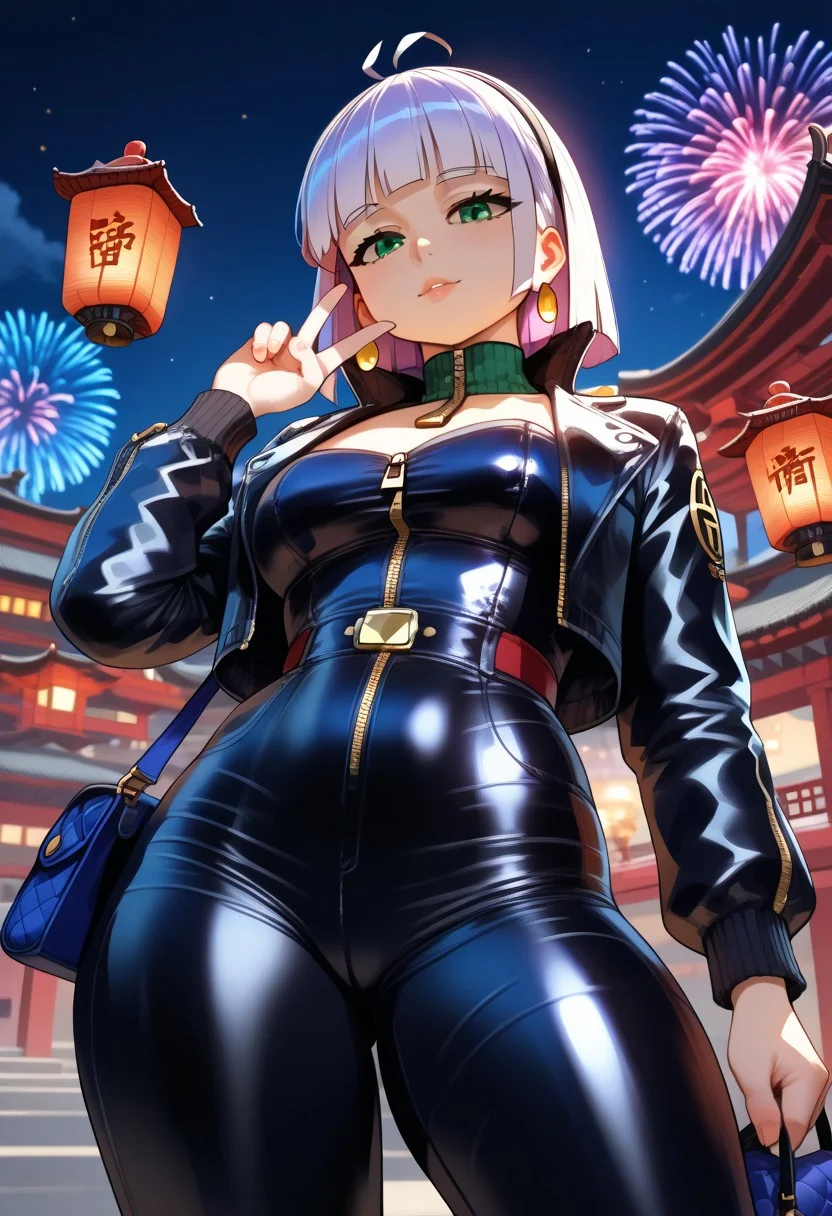 score_9, score_8_up, score_7_up,detailed background, dynamic angle, volumetric lighting, godrays,detailed eyes, expressive eyes, highres, perfection, perfect,<lora:CMN(Pony)0.1v:1>,(hinata_hyuga:1.5), solo, (black_high_waist_leather_pants:1.4), (gold_zipper_details:1.3), (emerald_green_satin_blouse:1.4), (long_sleeves:1.2), (v_neck:1.2), (short_black_velvet_jacket:1.3), (gold_buttons:1.2), (medium_heel_ankle_boots:1.3), (black_patent_leather:1.2), (structured_gold_metallic_purse:1.3), (large_hoop_earrings:1.3), (elegant_watch:1.2), (leather_strap:1.1), (curvy_figure:1.5), (beautiful_face:1.4), (looking_down:1.3), (low_angle_view:1.4), (chinese_new_year_background:1.5), (lanterns:1.3), (fireworks:1.2), (festive_atmosphere:1.3), (intricate_details:1.4), (realistic_shading:1.3), (high_quality:1.5), (anime_style:1.4), (ultra-detailed:1.5), (vivid_colors:1.3), source_anime, rating_questionable,depth of field, cinematic lighting, detailed clothes,(vivid colors:1.3),(fine texture:1.2),<lora:add-detail-xl:2>, <lora:Body weight slider 2_last:1>,<lora:detailed_notrigger:1>,<lora:SimplePositive_XL_v1_test_AutoRunMech:2>