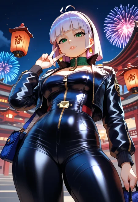 score_9, score_8_up, score_7_up,detailed background, dynamic angle, volumetric lighting, godrays,detailed eyes, expressive eyes, highres, perfection, perfect,<lora:CMN(Pony)0.1v:1>,(hinata_hyuga:1.5), solo, (black_high_waist_leather_pants:1.4), (gold_zipper_details:1.3), (emerald_green_satin_blouse:1.4), (long_sleeves:1.2), (v_neck:1.2), (short_black_velvet_jacket:1.3), (gold_buttons:1.2), (medium_heel_ankle_boots:1.3), (black_patent_leather:1.2), (structured_gold_metallic_purse:1.3), (large_hoop_earrings:1.3), (elegant_watch:1.2), (leather_strap:1.1), (curvy_figure:1.5), (beautiful_face:1.4), (looking_down:1.3), (low_angle_view:1.4), (chinese_new_year_background:1.5), (lanterns:1.3), (fireworks:1.2), (festive_atmosphere:1.3), (intricate_details:1.4), (realistic_shading:1.3), (high_quality:1.5), (anime_style:1.4), (ultra-detailed:1.5), (vivid_colors:1.3), source_anime, rating_questionable,depth of field, cinematic lighting, detailed clothes,(vivid colors:1.3),(fine texture:1.2),<lora:add-detail-xl:2>, <lora:Body weight slider 2_last:1>,<lora:detailed_notrigger:1>,<lora:SimplePositive_XL_v1_test_AutoRunMech:2>