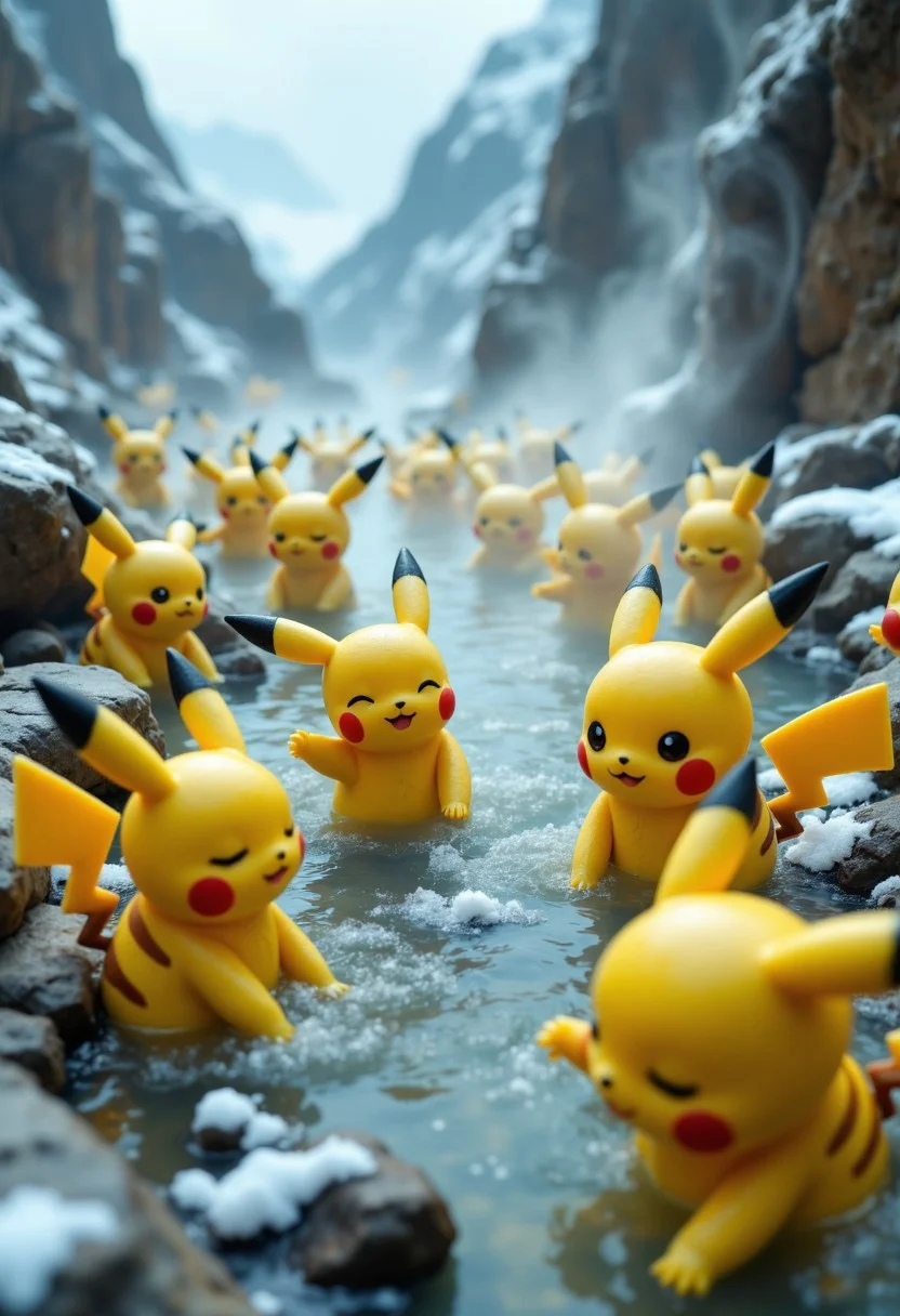 Bird's eye view of many adorable Pikachu figures soaking in a large river that serves as a natural hot spring, deep in the mountains. The scene is set in winter, with snow gently falling and rocks surrounding the steaming hot spring. The Pikachus are neck-deep in the water, their cheeks glowing red from warmth, and their expressions are relaxed and joyful, some with eyes closed and soft smiles. The atmosphere is playful and childlike, with a clay model-like aesthetic. The wide-angle perspective captures the mountain-top setting, billowing steam from the river, and the cozy contrast of hot water amidst the snowy landscape.