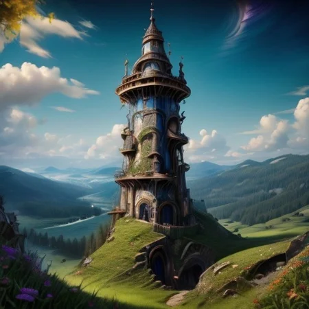 realistic analog photo, award winning photo, vary wide shot of stone AgateWorld witow tower:1.3, no humans, scenery, blue sky, dirt road, lush grassland, Wildflowers, nature, outdoors, RAW, highres, 8k, uhd, High Dynamic Range, tonemapping, crisp details, portcullis,